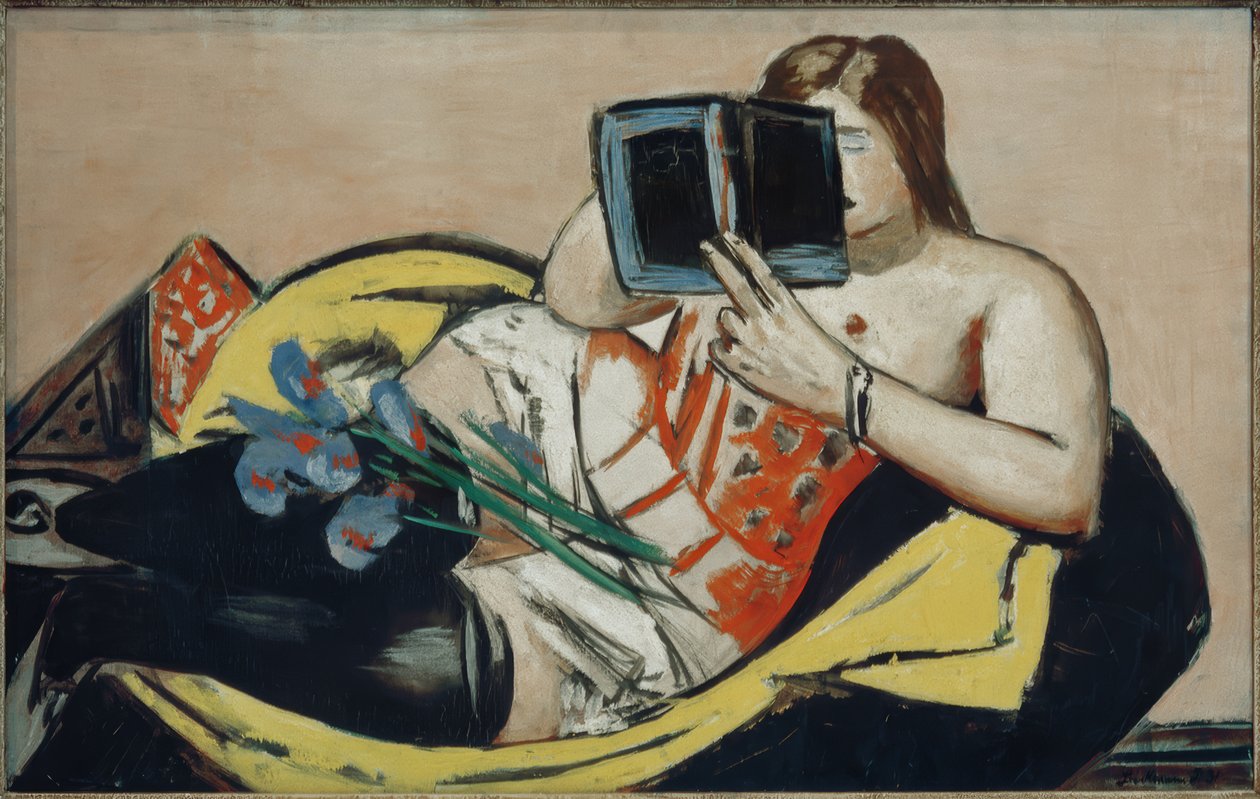 Femme couchée avec livre et iris - Max Beckmann