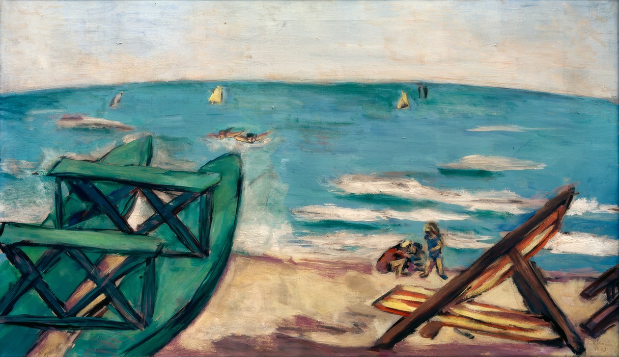 Plage avec bateau et chaise longue - Max Beckmann