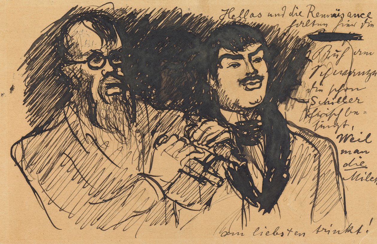 Drei Lenbach-Karikaturen: a) Brustbild; b) Ganzfigur; c) zusammen mit Stuck - Max Slevogt