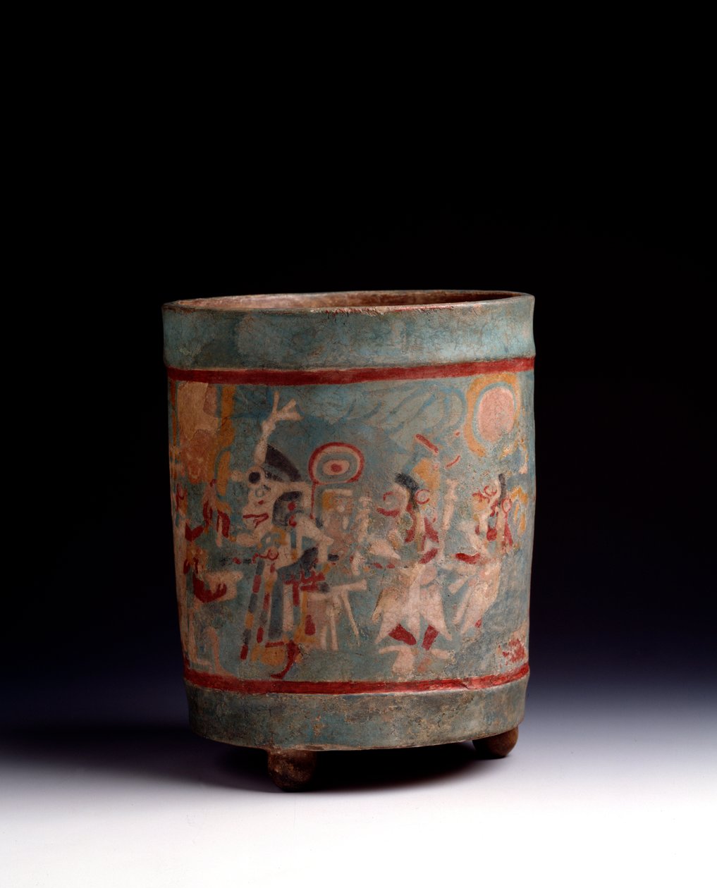 Art précolombien, civilisation maya, période classique : vase cylindrique en argile polychrome décoré d