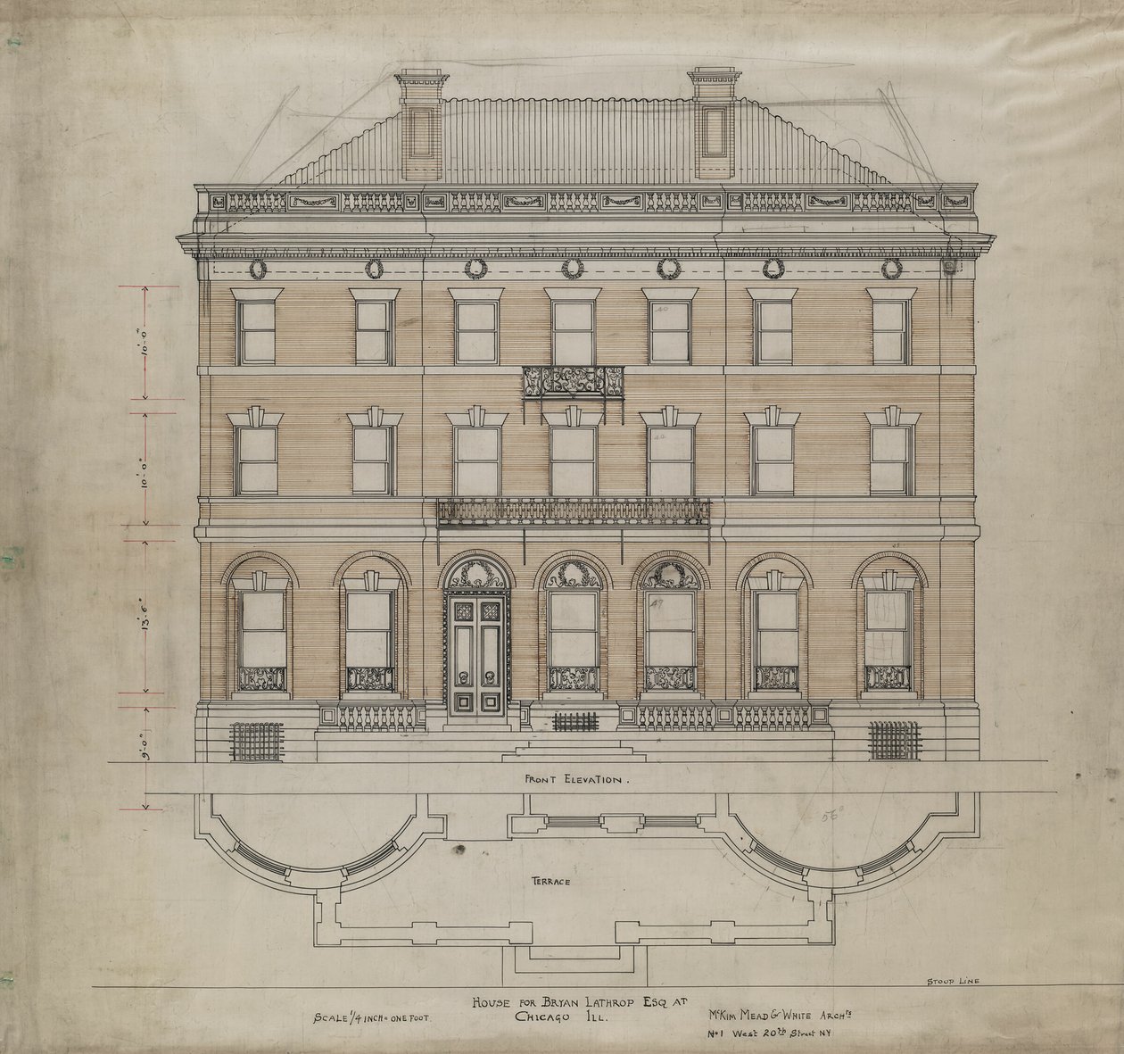 Bryan Lathrop House, Chicago, Illinois, élévation avant et plan de la terrasse - Mead and White McKim