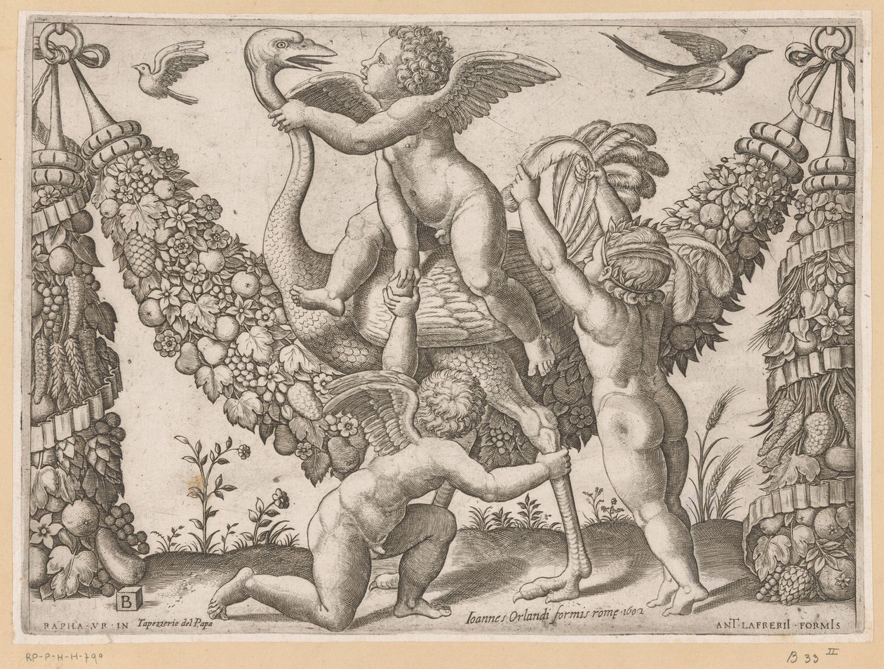 Trois putti et une autruche (série Tapisseries du pape, Tapezzerie de Papa) - Meester van de Dobbelsteen