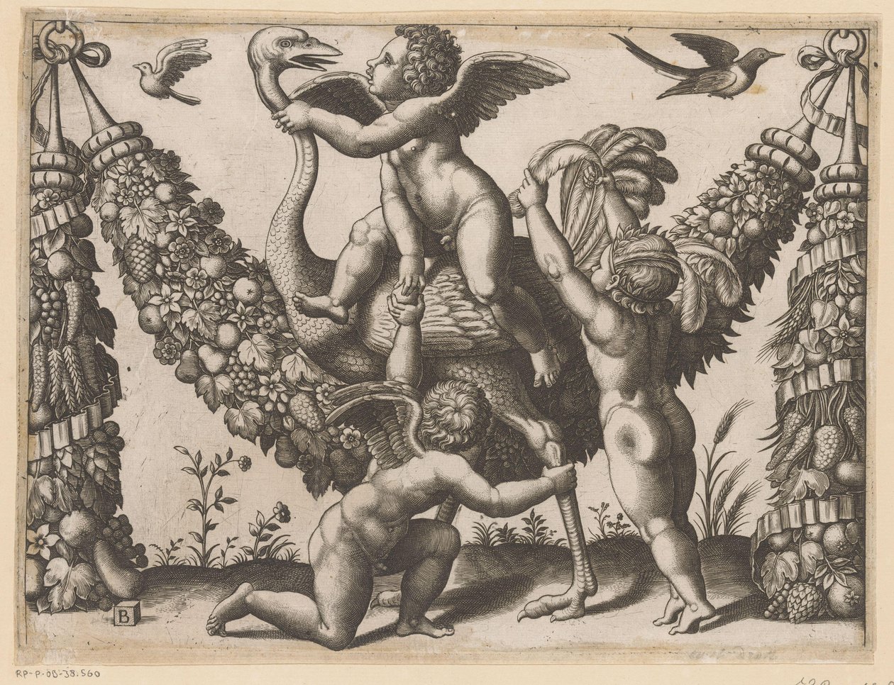 Trois putti et une autruche (Tapisserie du pape) - Meester van de Dobbelsteen