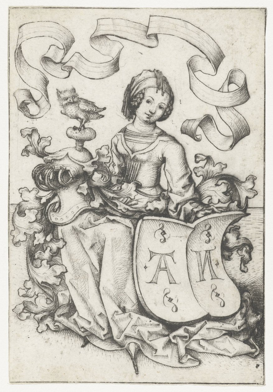 Dame avec hibou et blason avec les lettres AN - Meester van het Amsterdamse Kabinet