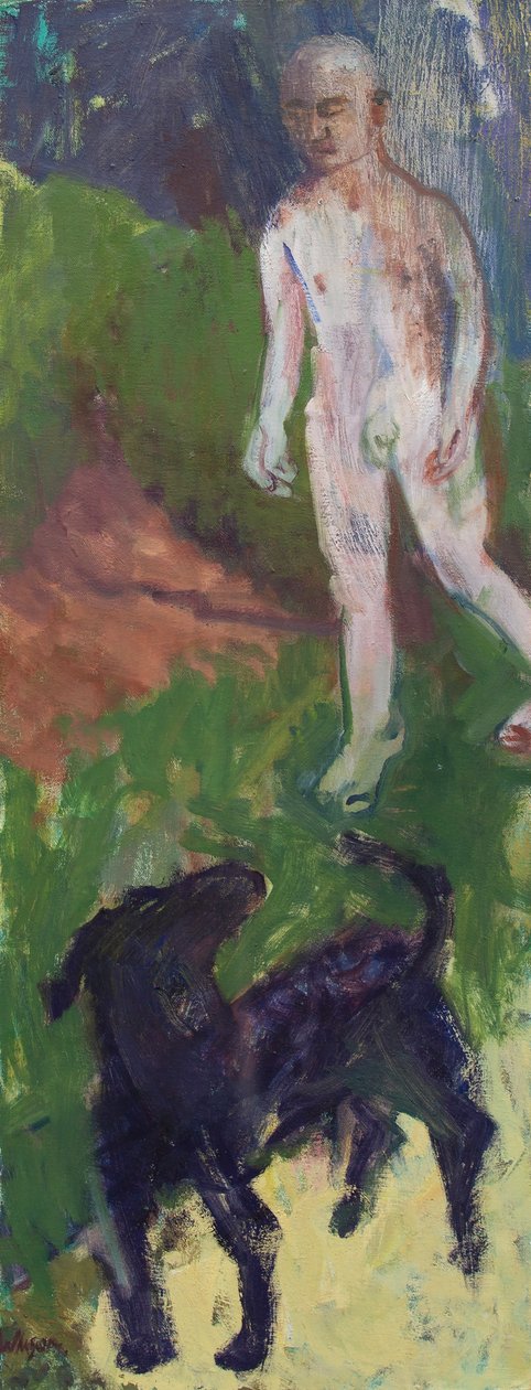 Homme blanc qui promenait un chien noir, 2016 (huile sur toile) - Megan Williamson