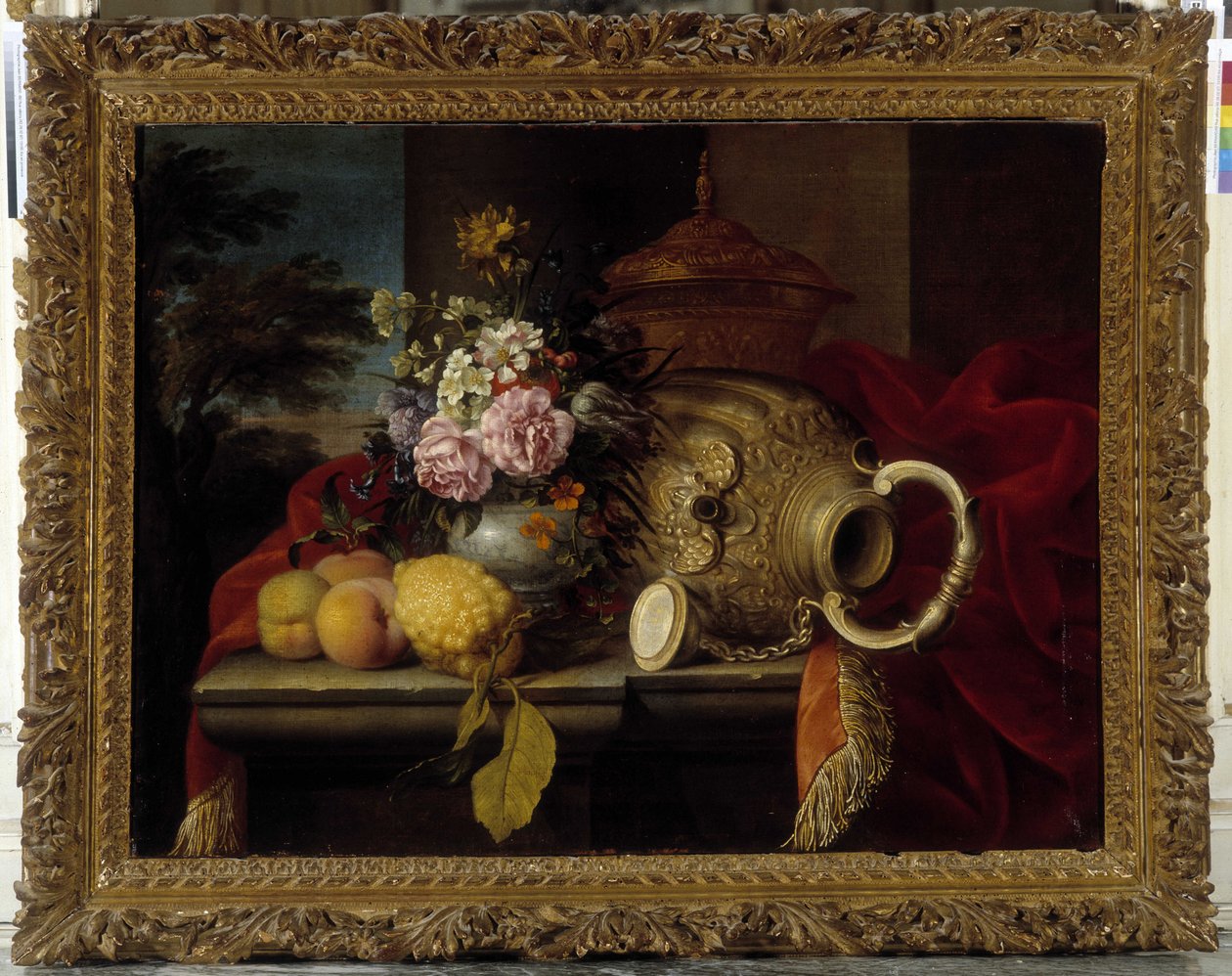 Nature morte avec bouquet, fruits, vase et tissu rouge - Meiffren (c.1630 1705) Conte