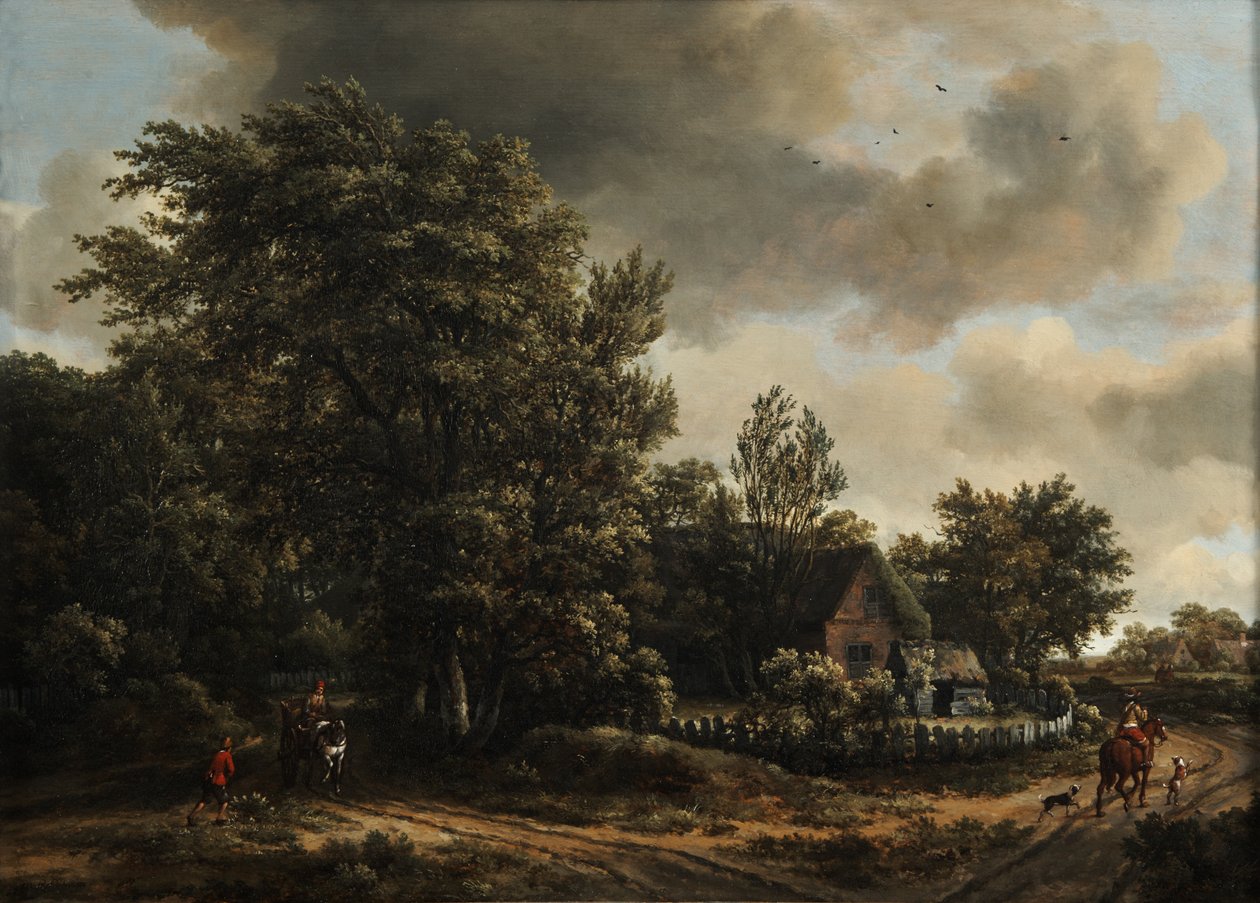 Paysage boisé avec des voyageurs sur une route près d