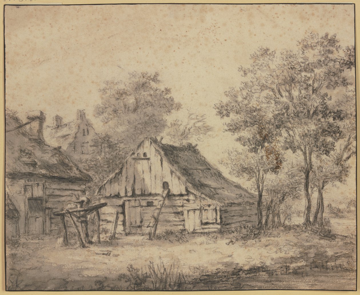 Maisons sous des arbres, avec une roue montée sur un poteau - Meindert Hobbema