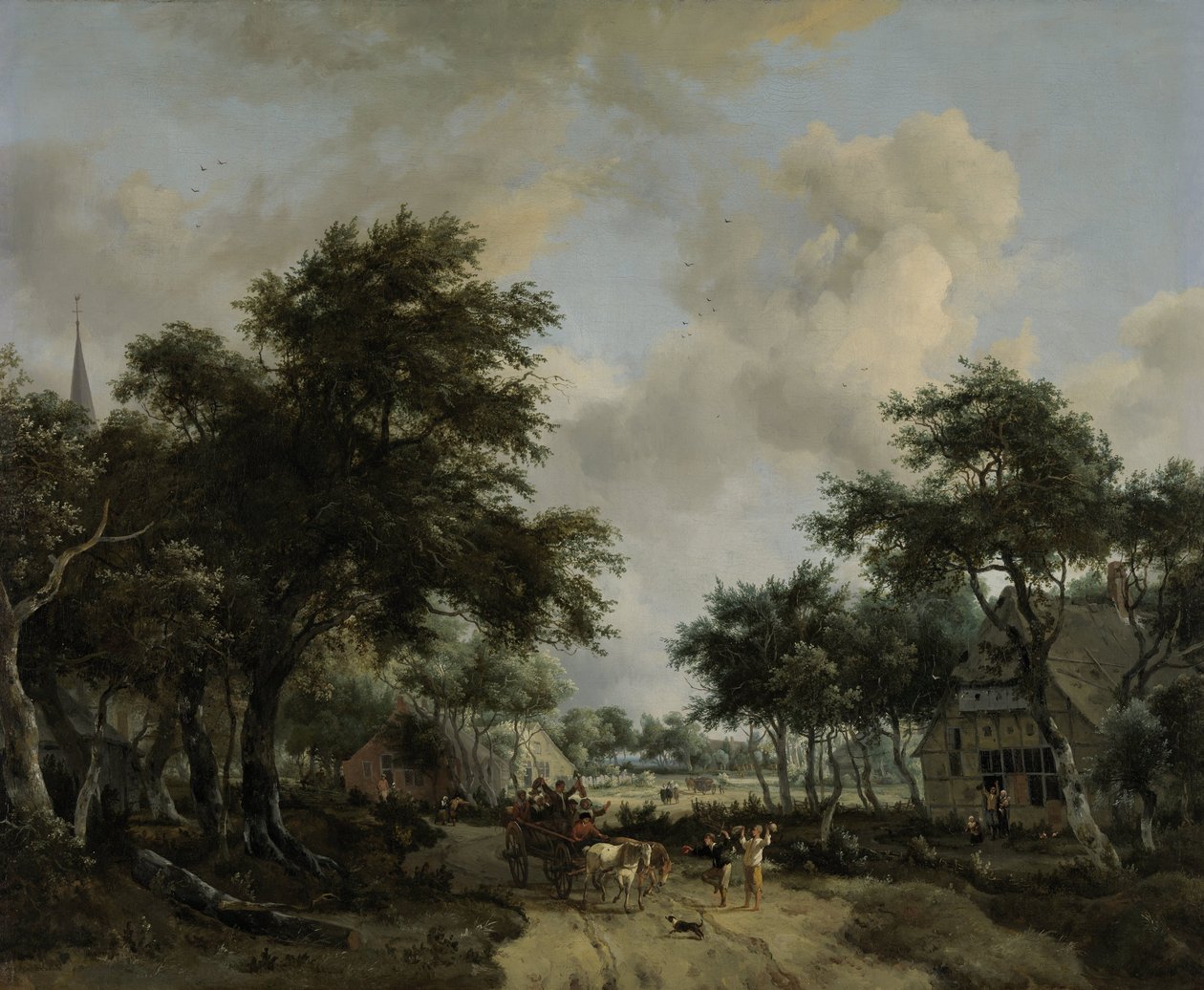 Paysage boisé avec joyeux compagnons dans une charrette - Meindert Hobbema