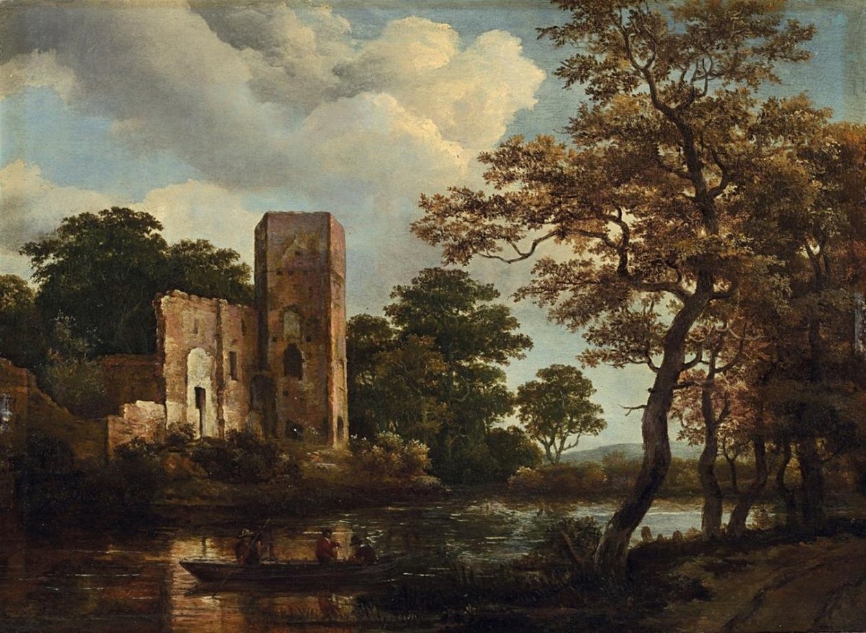 Paysage fluvial boisé avec les ruines du château d