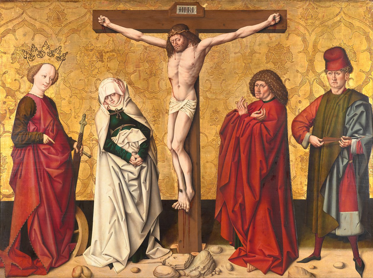 Christ en croix entre les saints Marie et Jean, Catherine et Sébastien - Meister von Großgmain