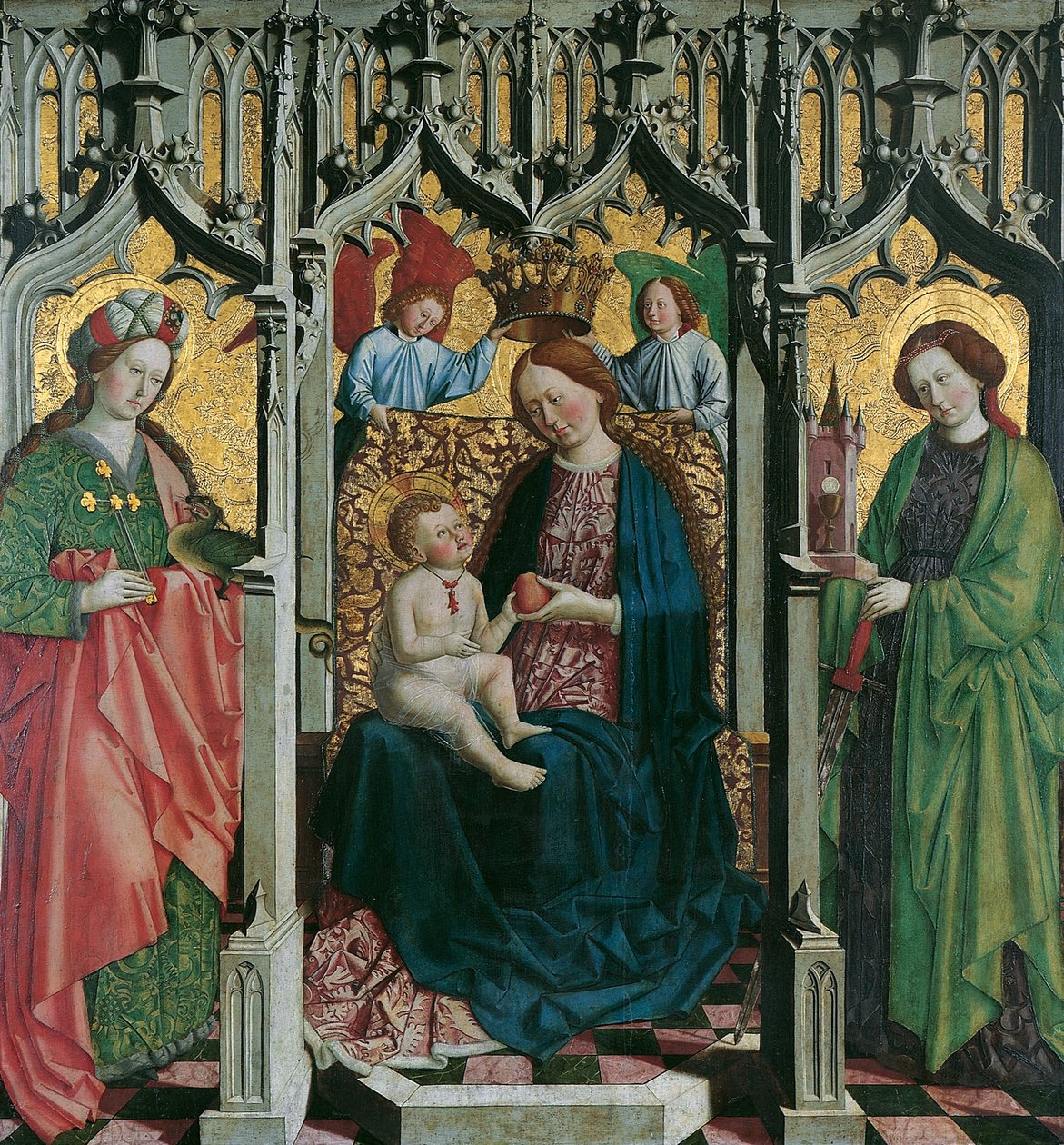 Marie trônant avec les saintes Marguerite et Barbara (recto); Homme de douleur dans un ornement de rinceaux (verso) - Meister von Uttenheim