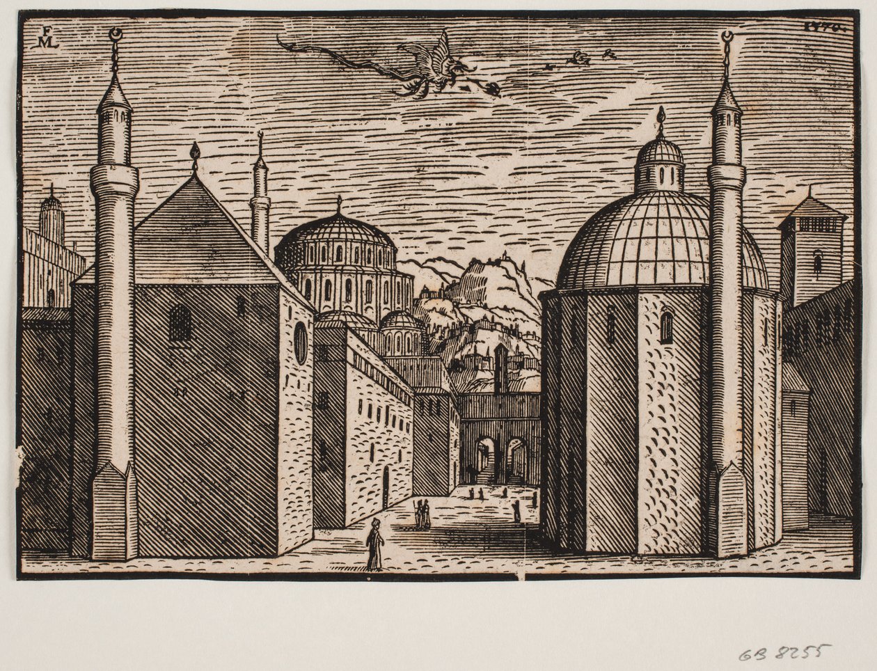 3 mosquées, chacune avec 1 minaret; dans le ciel un dragon volant avec une longue queue - Melchior Lorck
