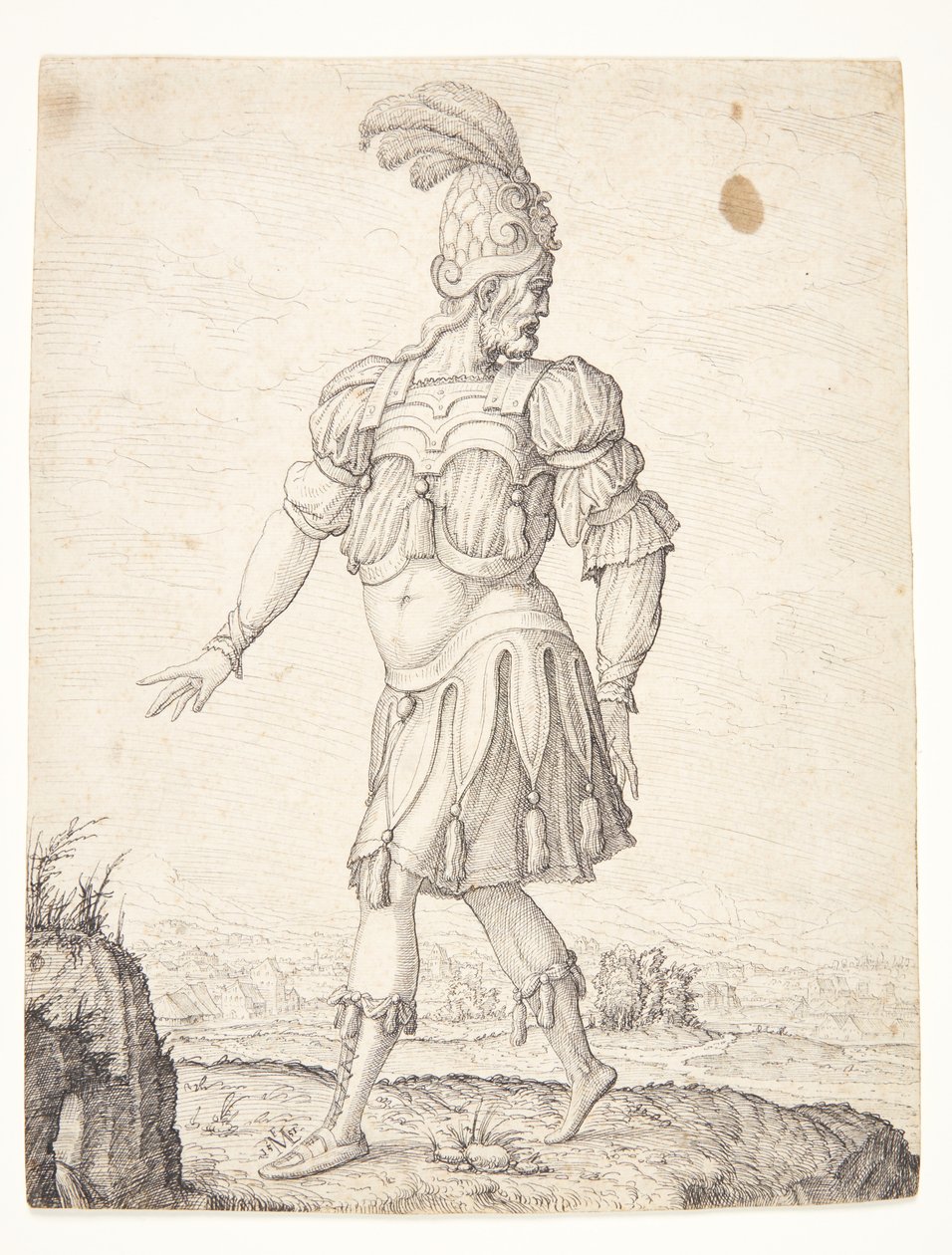 Un homme en habit romain, pointant une source - Melchior Lorck