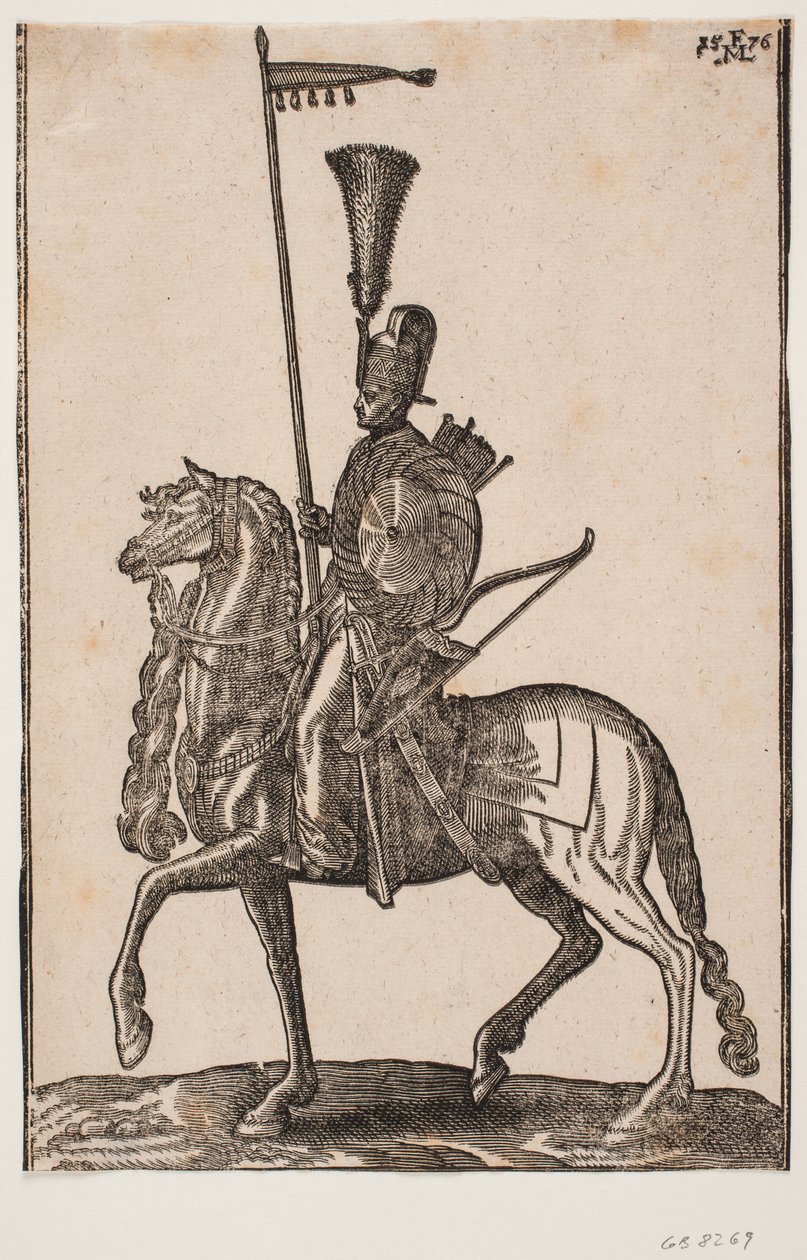 Soldat à cheval, profil vers la gauche; lance avec fanion, arc à côté, bouclier circulaire, carquois; coiffe avec plume - Melchior Lorck