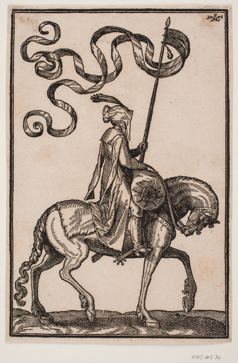 Porte-étendard à cheval, profil vers la droite; l