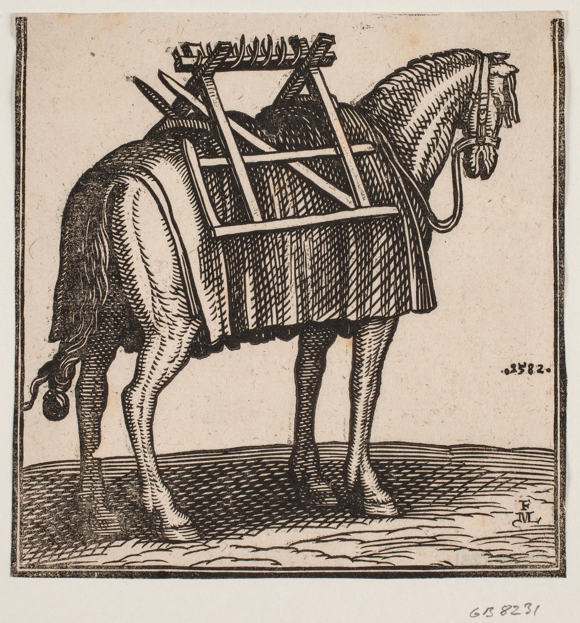 Un cheval de bât encore non chargé avec un cadre de portage sur le dos, vu en diagonale de derrière vers la droite. - Melchior Lorck