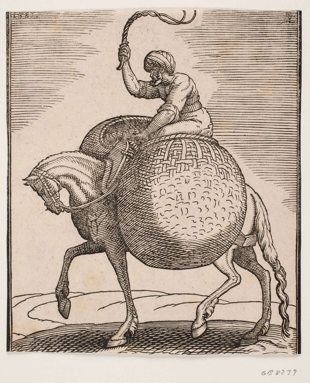 Cheval avec cavalier et deux paniers sphériques pour le transport de légumes - Melchior Lorck