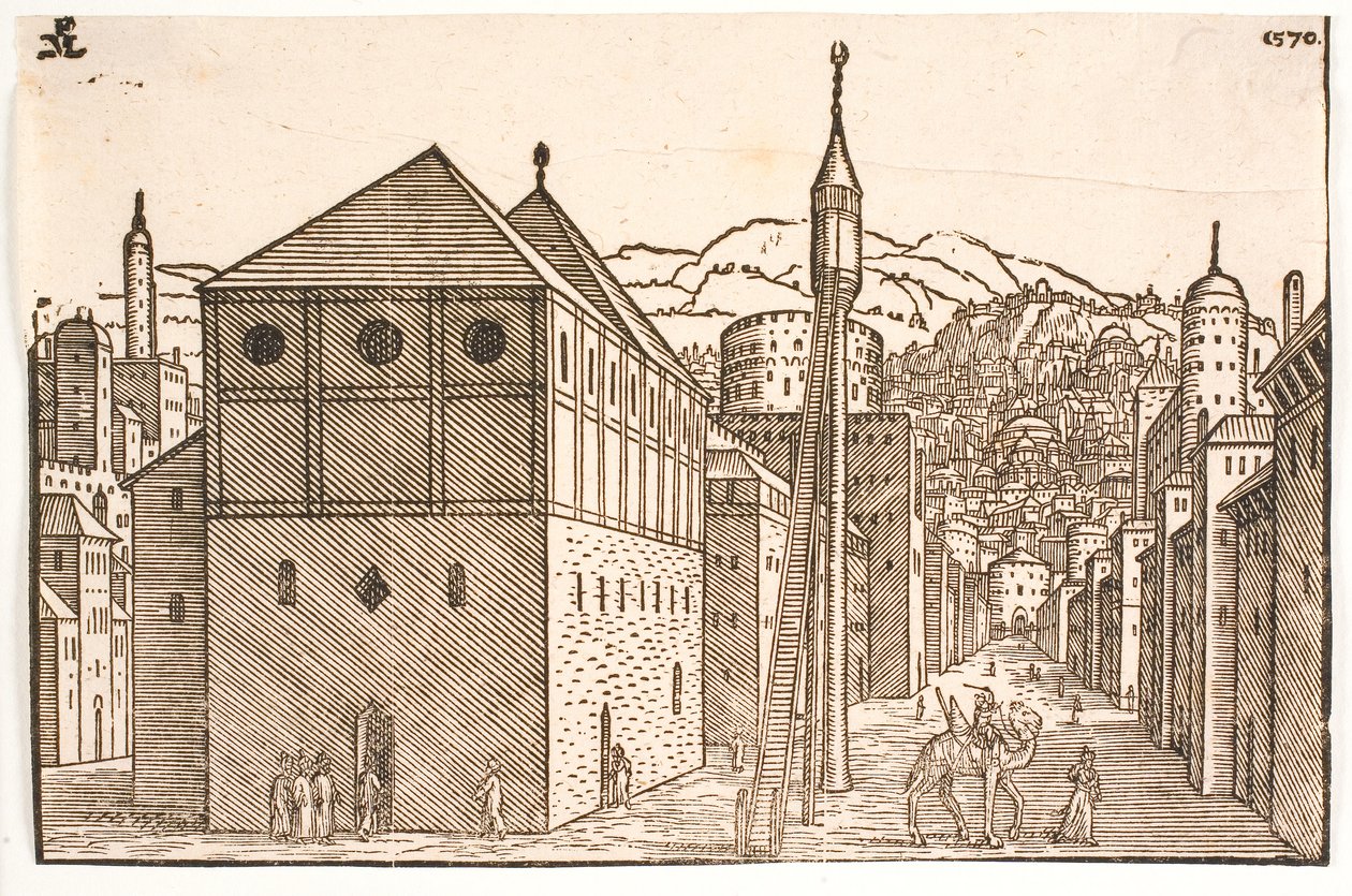 Mosquée avec un minaret indépendant avec escalier extérieur - Melchior Lorck