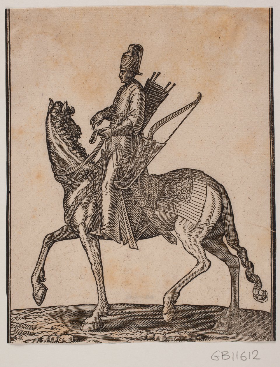 Soldat monté, profil vers la droite; il porte son épée et son arc à son côté gauche et le carquois à son côté droit - Melchior Lorck