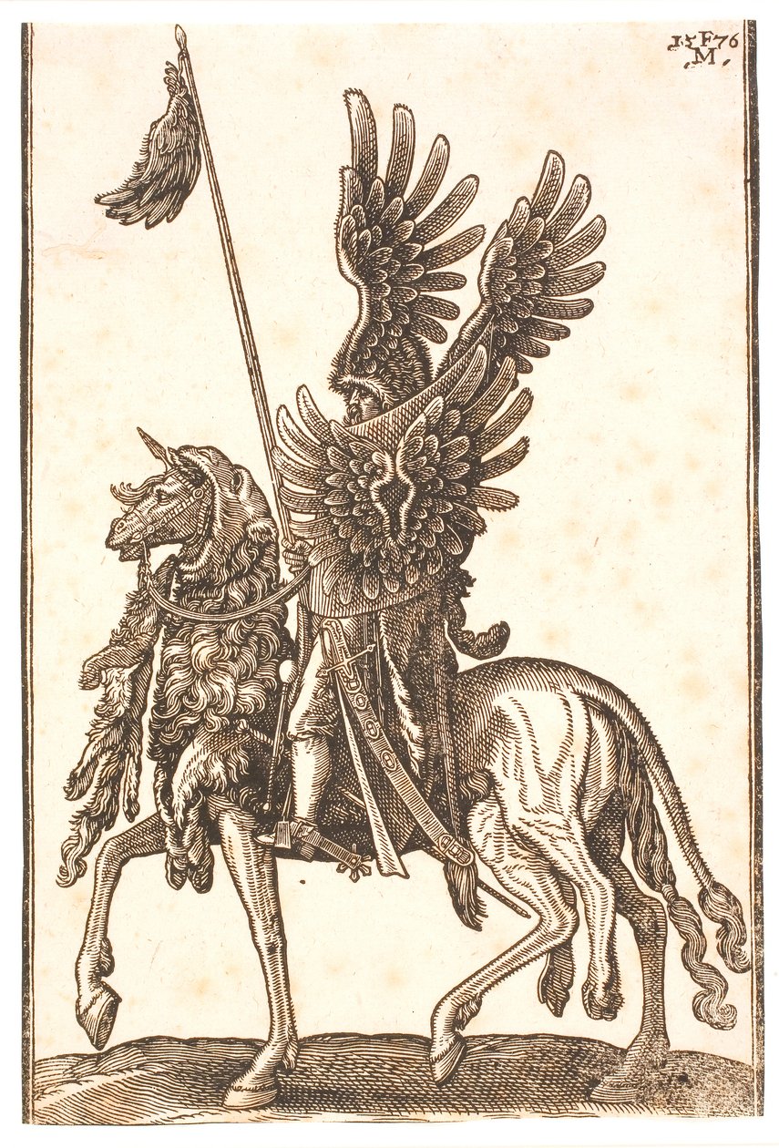 Soldat à cheval richement équipé avec des ailes d