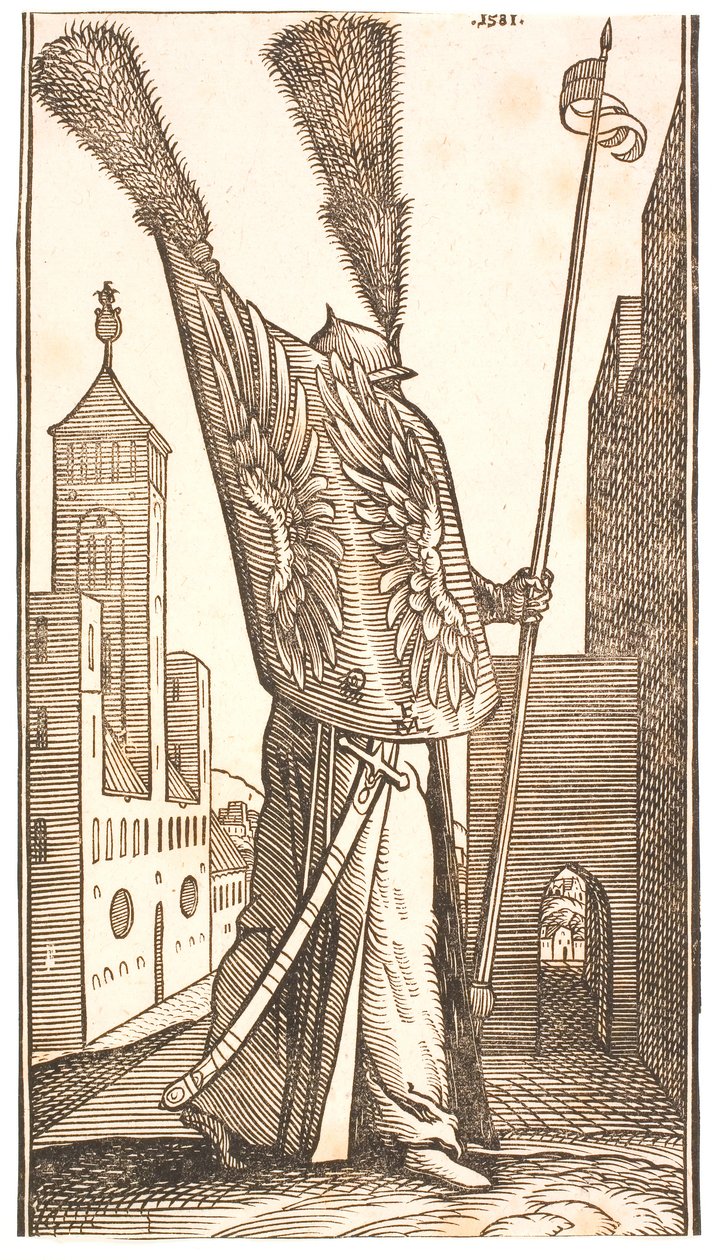 Soldat debout avec un bouclier décoré d