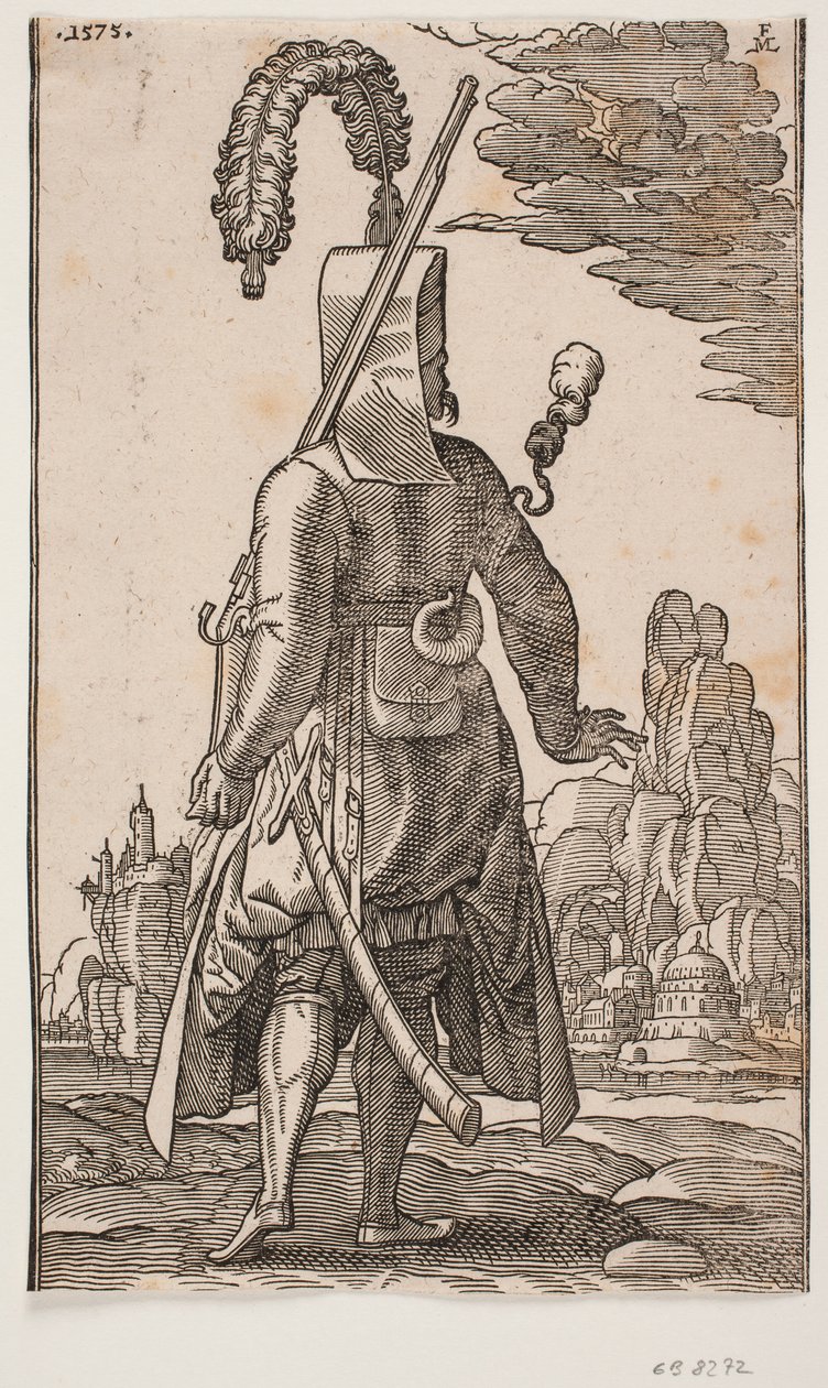 Janissaire debout vu de dos, coiffure à plumes, fusil à l