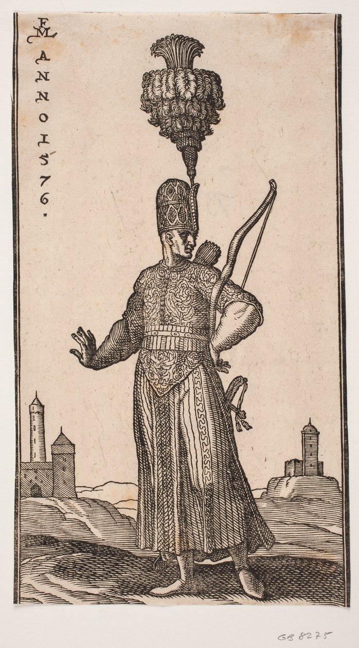 Soldat debout, vu de face, la tête tournée vers la droite; il porte un arc sur son bras gauche, un carquois sur le dos et une épée à son côté gauche; il tend coquettement son bras droit en arrière; en arrière-plan à droite et à gauche, deux bâtiments resse - Melchior Lorck