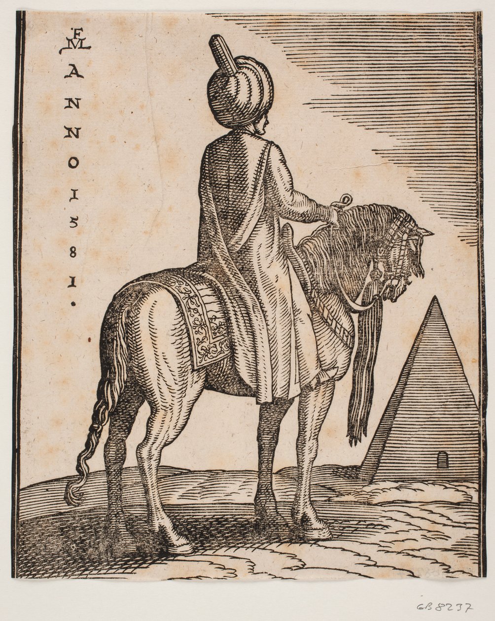 Cavalier portant un turban, non armé, vu de biais par derrière; à droite en arrière-plan une pyramide - Melchior Lorck