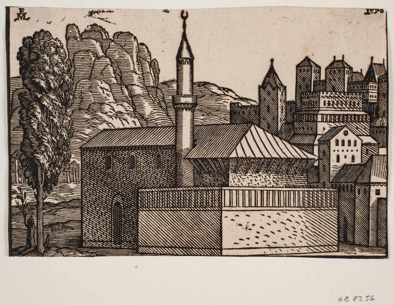 Mosquée non identifiée avec 1 minaret, à gauche un grand arbre - Melchior Lorck