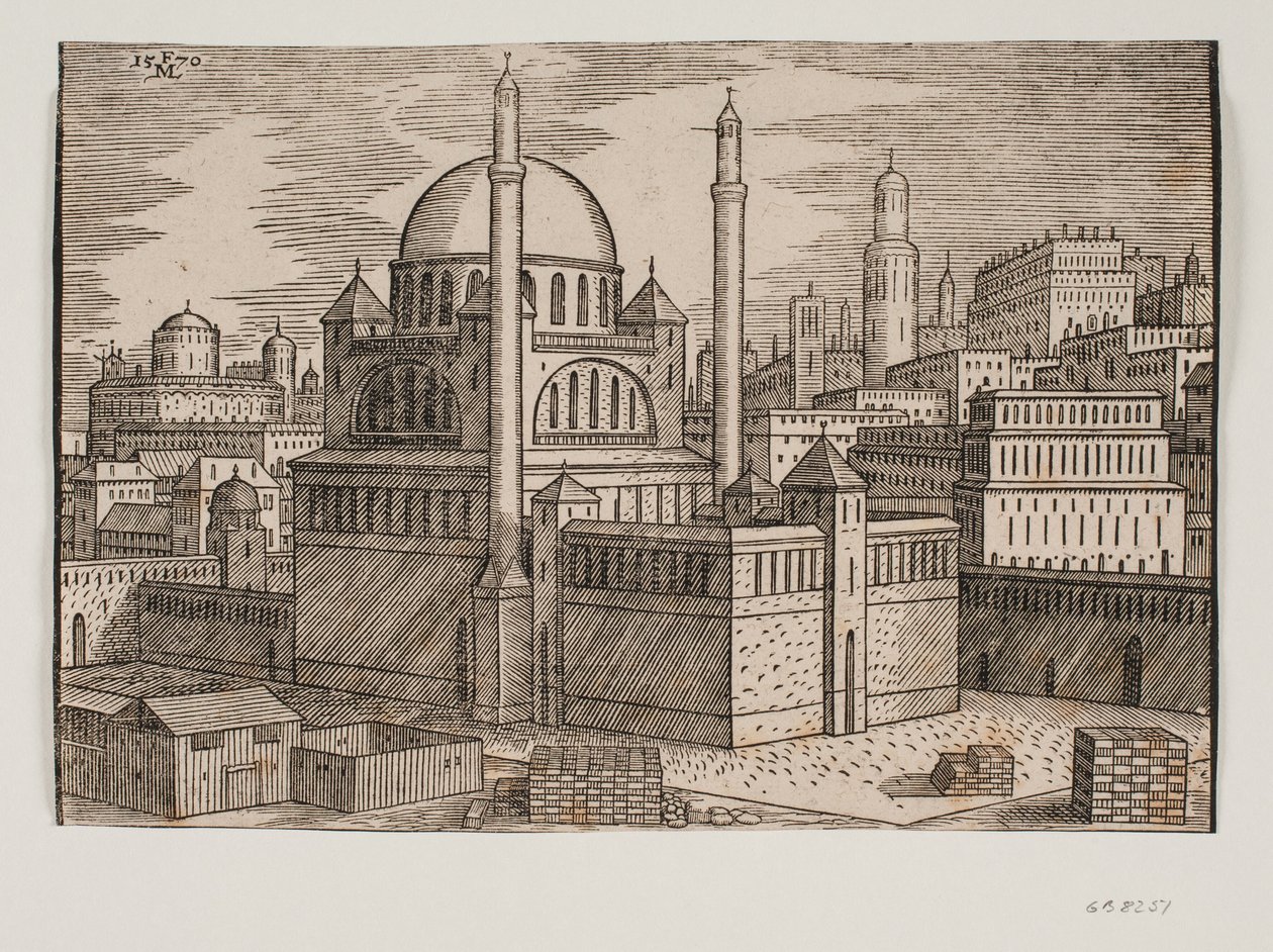 Mosquée non identifiée avec 2 minarets, vue du nord-est; au premier plan, chantier avec des pierres empilées - Melchior Lorck