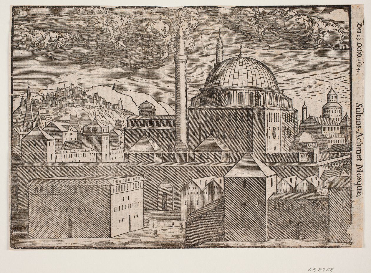 Mosquée non identifiée avec 2 minarets, vue du sud-est; à gauche, montagne avec ville fortifiée - Melchior Lorck