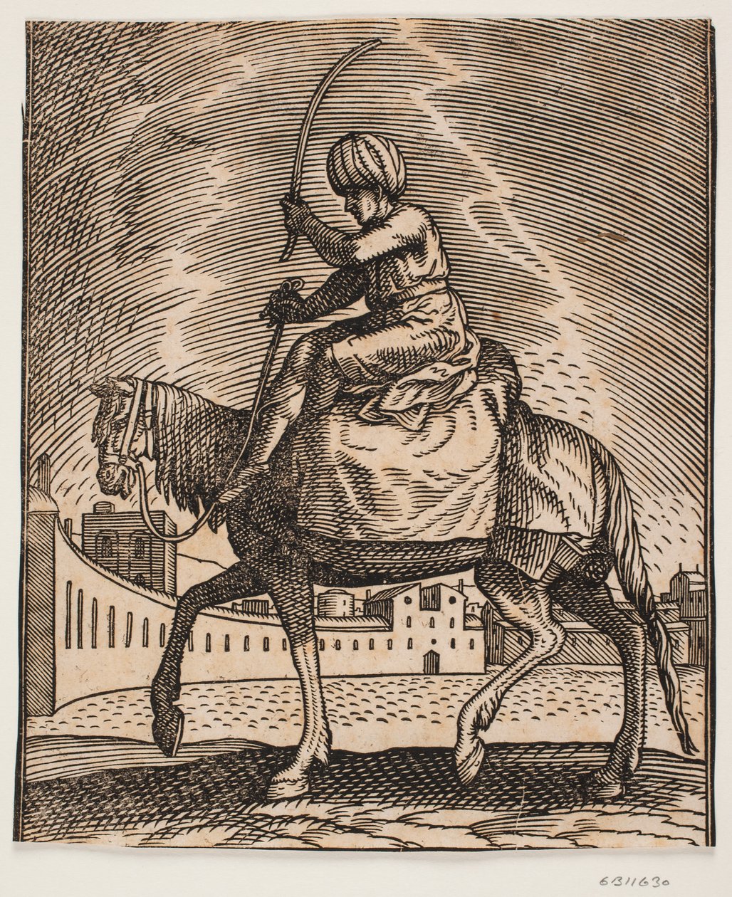 Cavalier désarmé sur un cheval porteur, vu de profil vers la gauche, situé sur une place semi-circulaire ouverte; il est monté sur un sac et tient une badine levée dans sa main - Melchior Lorck