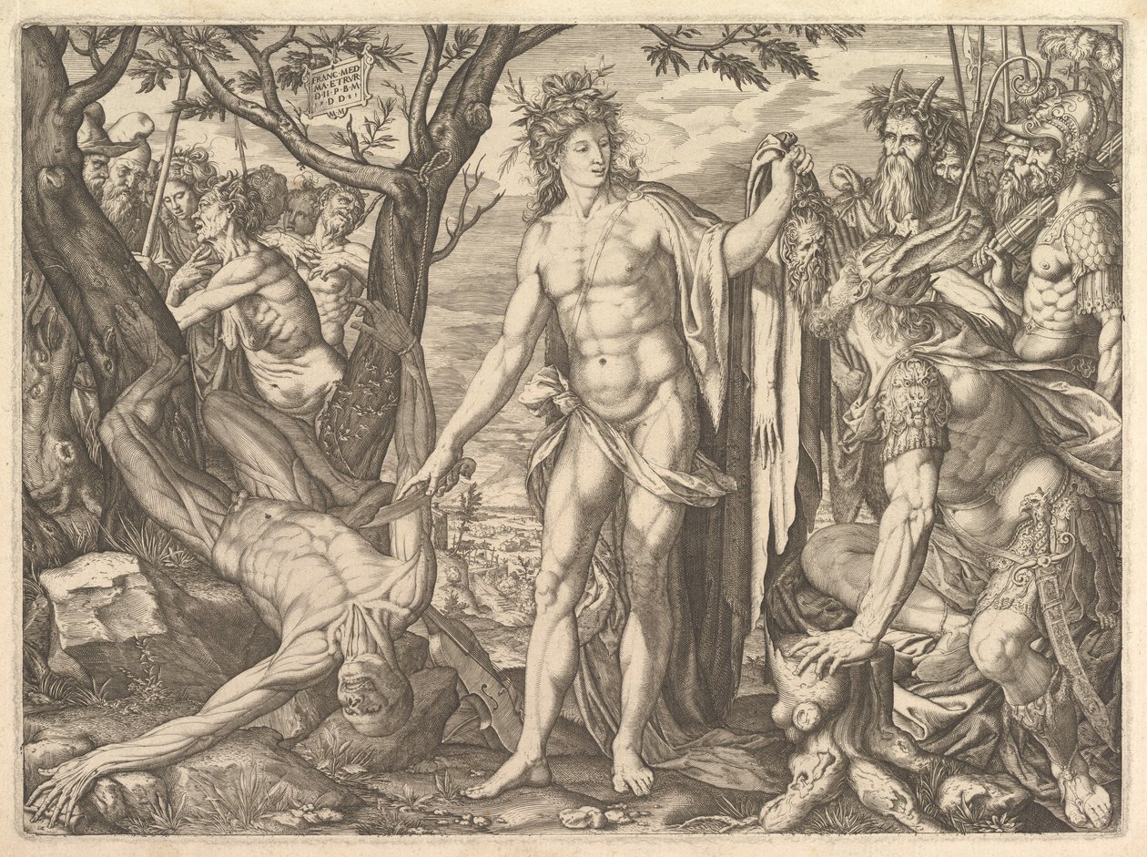 Apollon et Marsyas et le Jugement de Midas : à droite Midas avec les oreilles d