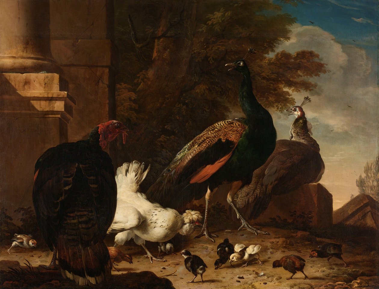 Une poule avec des paons et une dinde - Melchior d