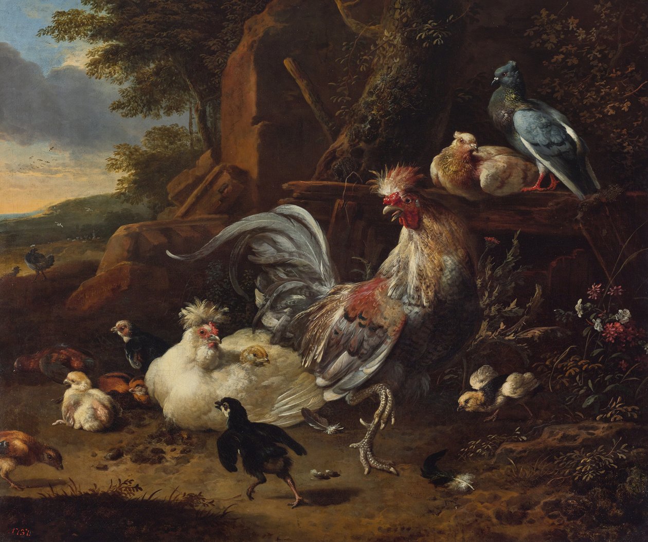 Coq, poules et autres volailles dans une cour - Melchior d