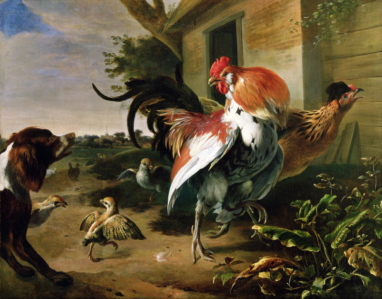 Volaille et épagneul dans une cour de ferme - Melchior de Hondecoeter