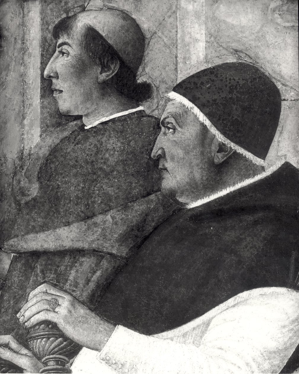 Le pape Sixte IV (1414-84) (Francesco della Rovere) avec un cardinal derrière lui installe Bartolommeo Platina comme directeur de la bibliothèque du Vatican (détail) - Melozzo da Forli