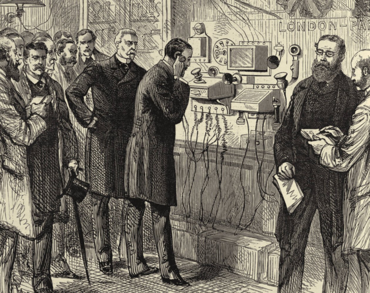 Ouverture de la ligne téléphonique anglo-anglaise. La première conversation téléphonique de Londres à Paris au General Post Office, Londres. Des instruments Bell ont été utilisés à Londres. Gravure sur bois Paris 28 mars 1891. Gravure. - Melton (after) Prior