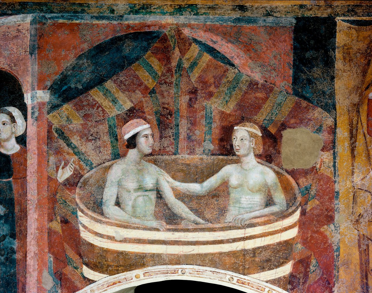Scène de vie conjugale au Moyen Âge. Un couple faisant leur toilette dans une cuve. (détail) - Memmo di Filippuccio