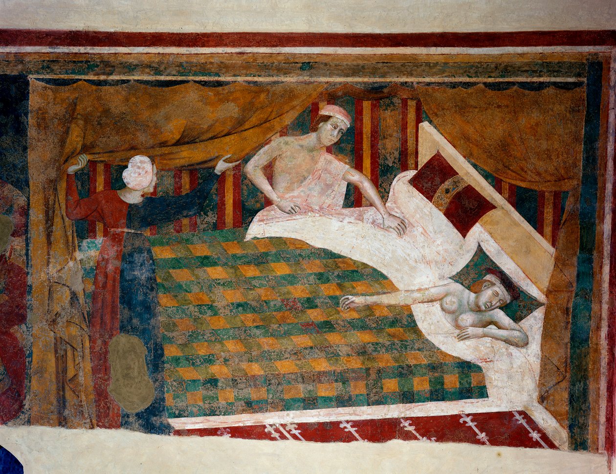 Scène de la vie conjugale au Moyen Âge. Un homme rejoint sa femme dormant nue au lit. (détail) - Memmo di Filippuccio