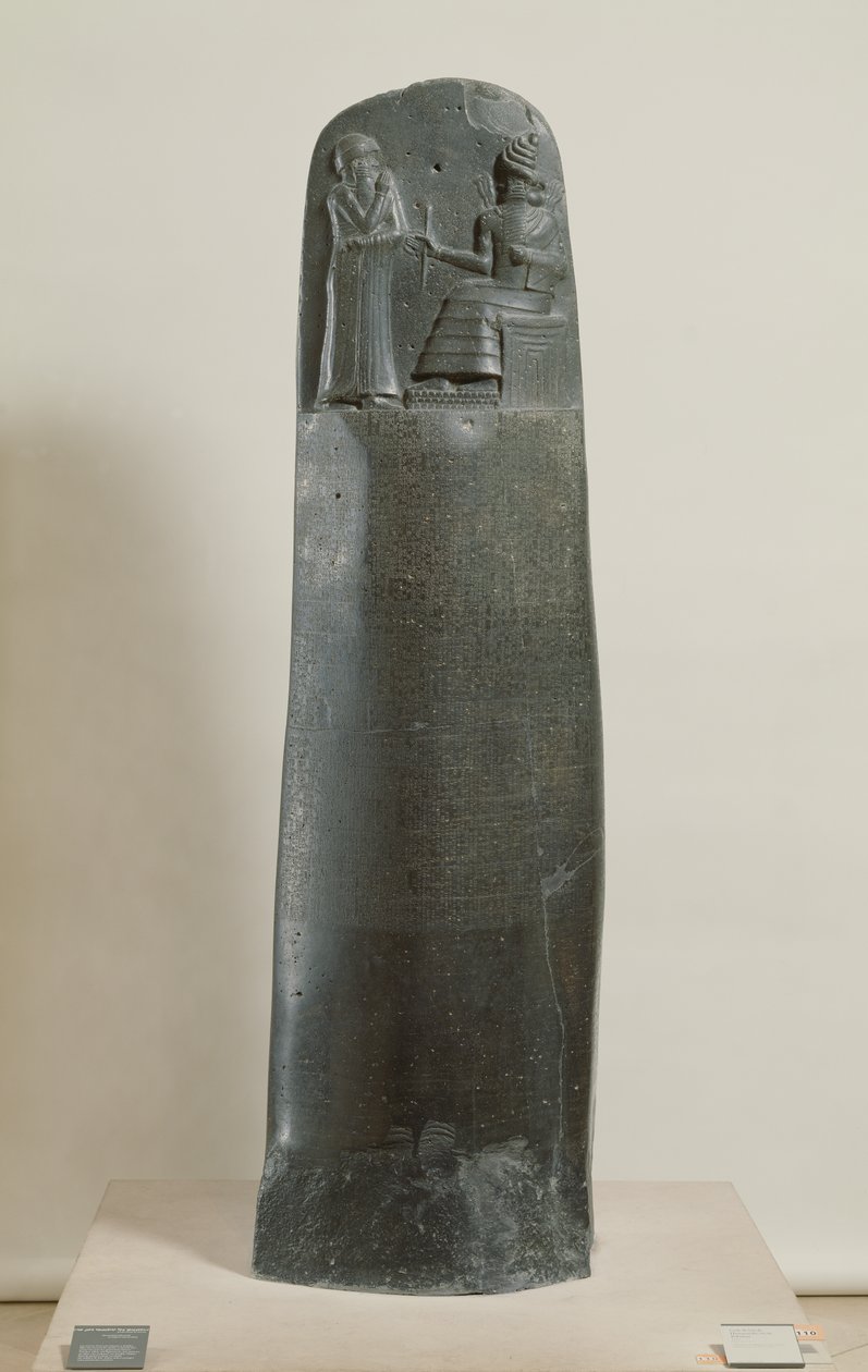 Code de Hammurabi : le dieu Shamash dictant ses lois à Hammurabi, roi de Babylone, trouvé à Suse, Iran, vers 1750 av. J.-C. - Mesopotamian