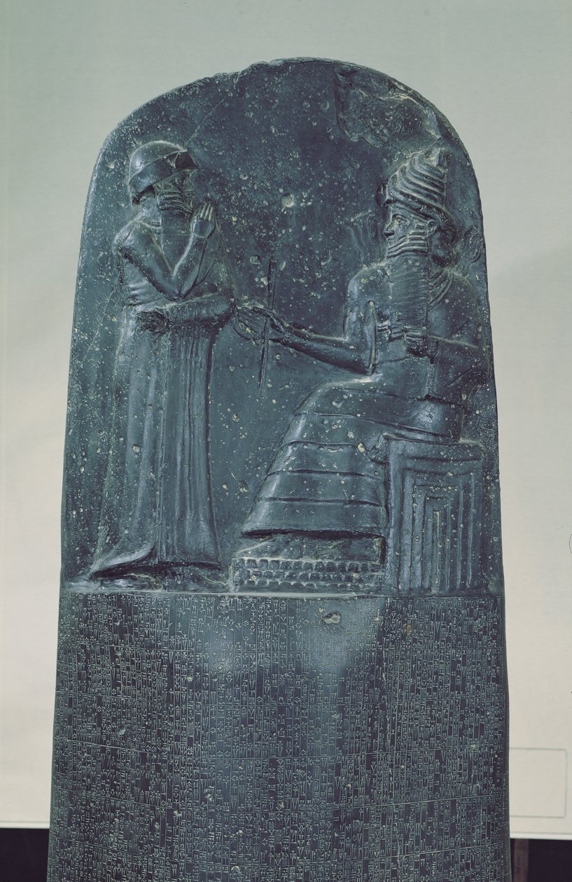 Figure en relief du dieu soleil Shamash dictant ses lois au roi Hammurabi sur son célèbre code de lois, période babylonienne ancienne, 1760 av. J.-C. - Mesopotamian