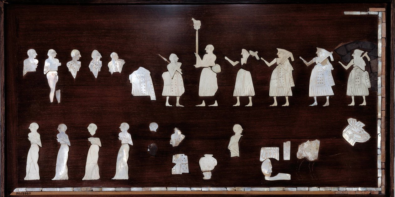 Mésopotamie : éléments de mosaïque de la bannière de Mari en bitume, coquillage et pierre. 3500 av. J.-C. environ - Mesopotamian Mesopotamian