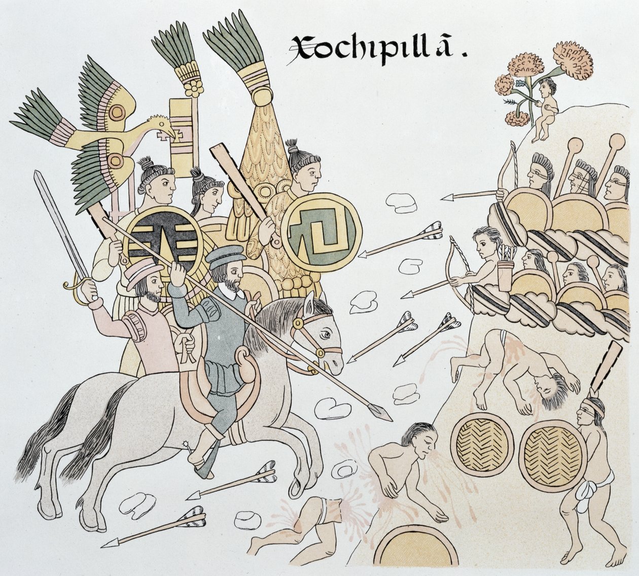 Bataille de Xochipilla entre les Espagnols et les Aztèques, illustration d