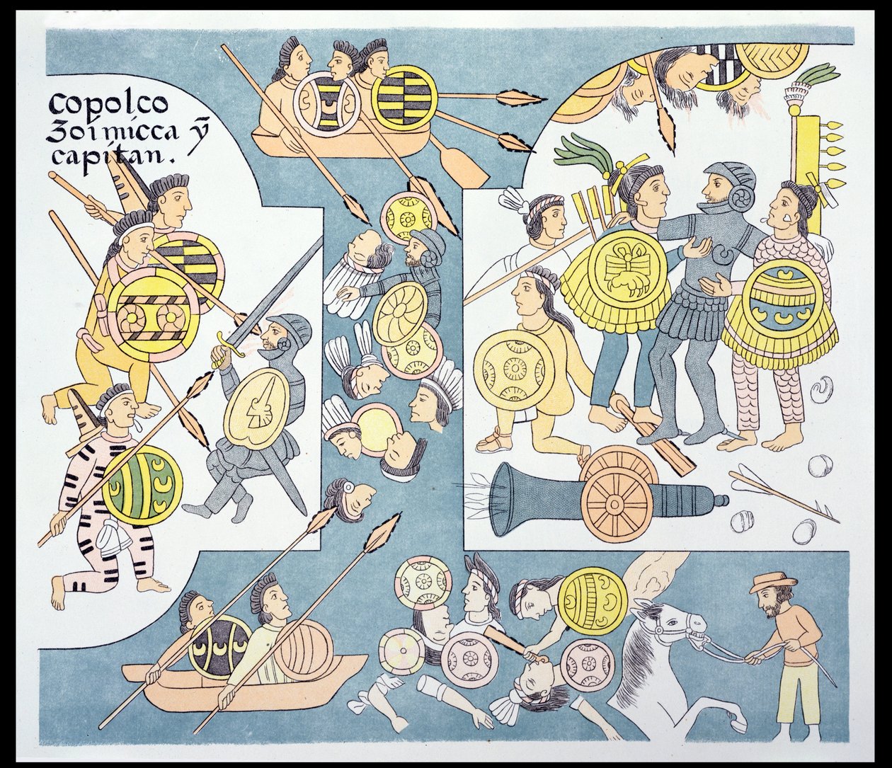 Bataille finale entre Hernando Cortés et Cuauhtémoc à Tenochtitlan, août 1521, illustration d