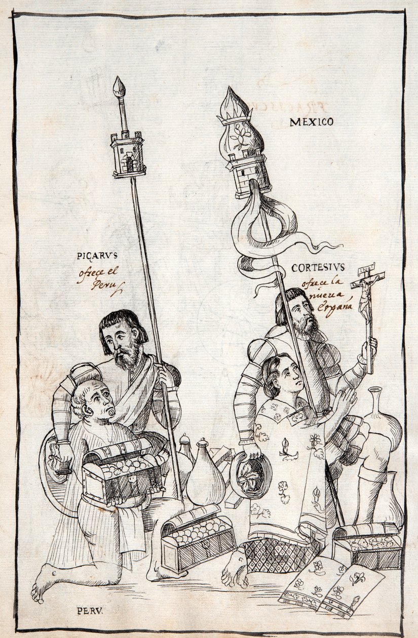 MS Hunter 242 f.248v Picarus (Pizarro) présente le Pérou et Cortesius (Cortés) la Nouvelle-Espagne, illustration de l