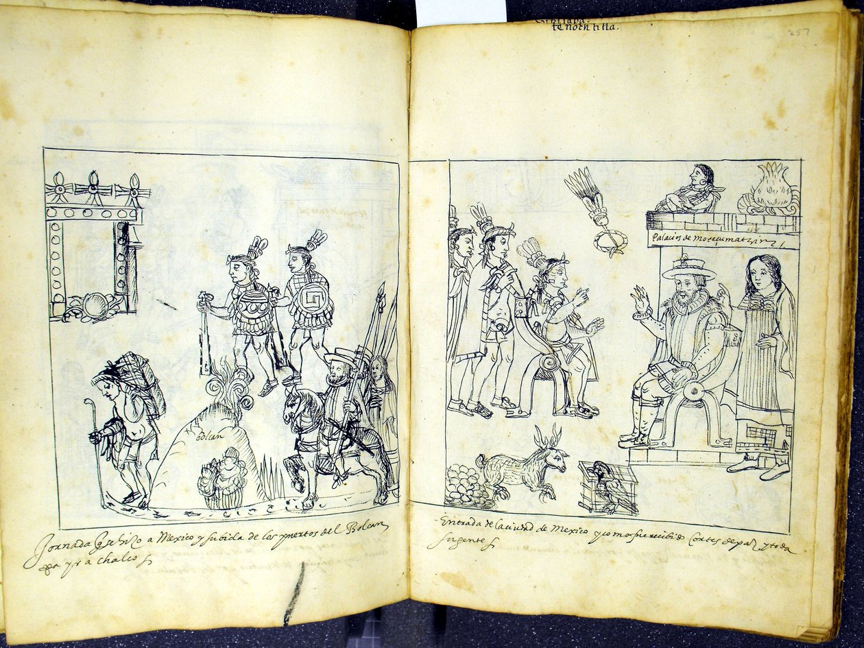 Cortez et Montezuma, de Historia de Tlaxcala par Diego Munoz Camargo - Mexican School