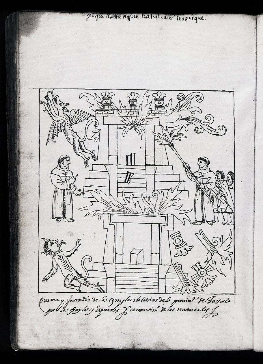 Ms Hunter 242 f.240v Franciscains brûlant des temples, illustration de Historia de Tlaxcala par Diego Munoz Camargo - Mexican School
