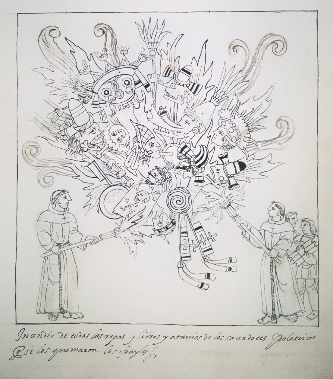 Frères franciscains brûlant des livres et vêtements traditionnels, de Historia de Tlaxcala par Diego Muñoz Camargo - Mexican School